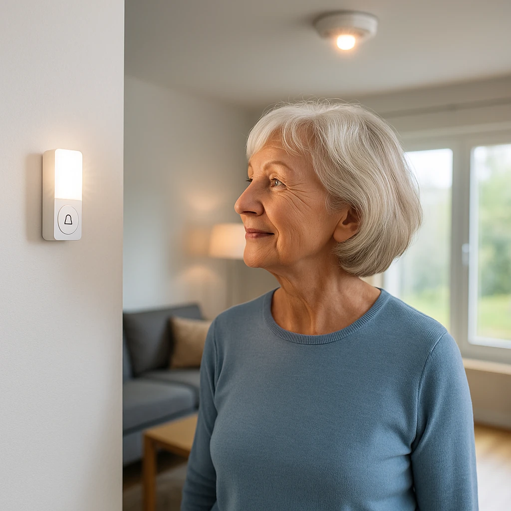 Ältere Frau betrachtet im Wohnzimmer eine leuchtende, moderne Türklingel mit LED-Licht.