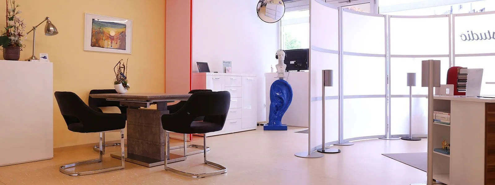 Modernes Hörakustik-Geschäft mit Beratungstisch, Trennwand und stilvoller Einrichtung.